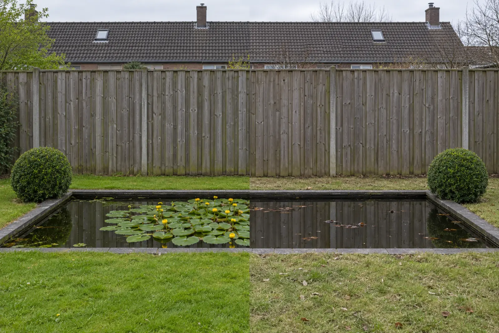 Eén tuinvijver voor een houten schutting, in twee helften: links in mei een drijvende groep gele plomp met gele bloemen, rechts dezelfde vijver in januari met alleen open water, en een buxusbol aan elk uiteinde