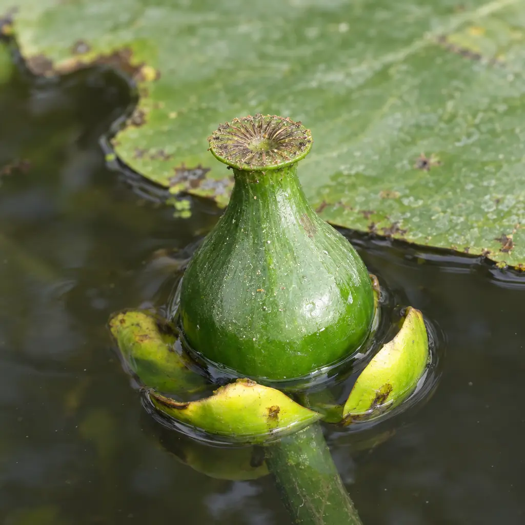 Een groene, flesvormige vrucht van gele plomp aan het wateroppervlak, met de oude stempelschijf bovenop en verwelkte kelkbladen eronder