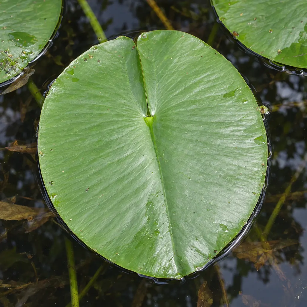 Eén drijvend blad van gele plomp op donker vijverwater, eirond met een hartvormige inham aan de voet en fijne nerven