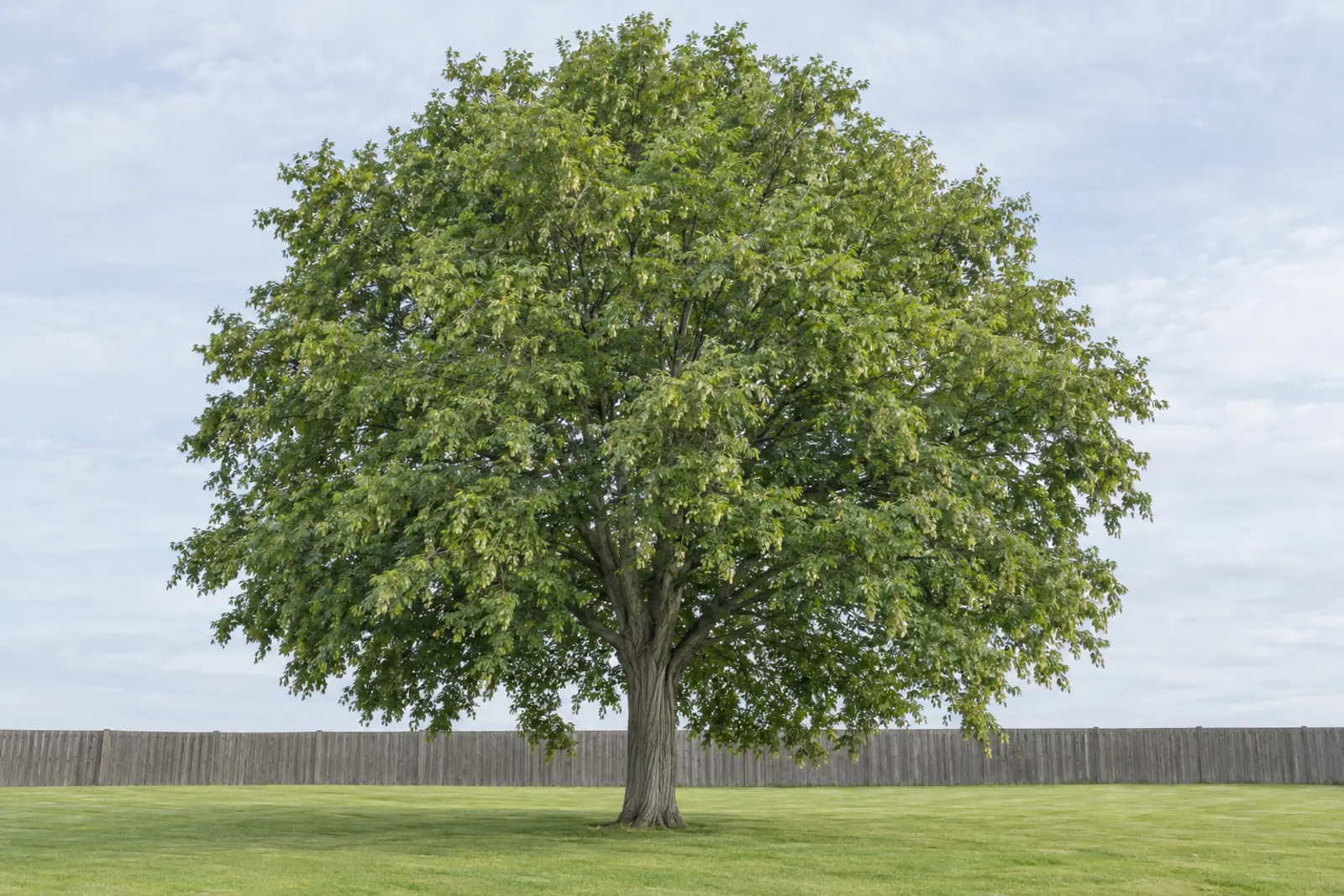 Eén haagbeuk als losse boom op een gazon voor een houten schutting, begin september, met een gegroefde grijze stam en een dichte, ronde kroon vol lichte vruchttrosjes