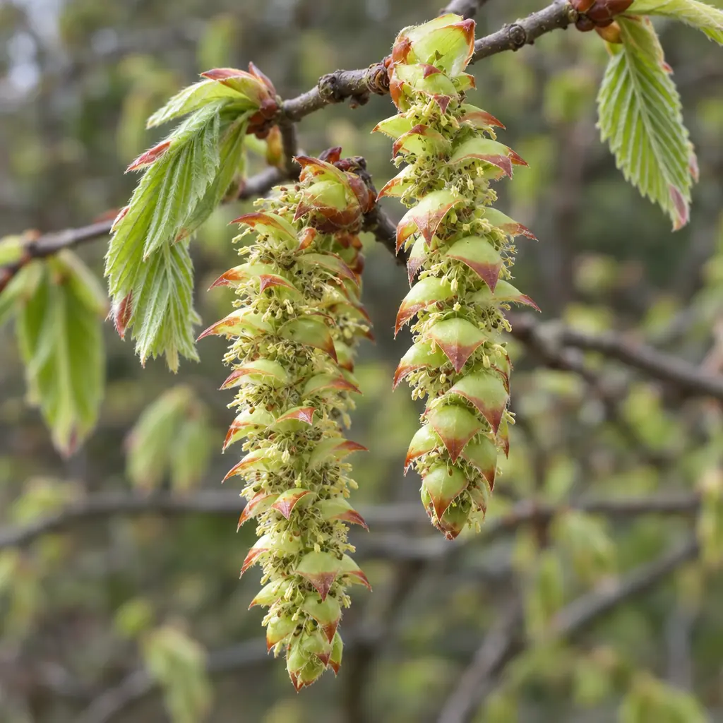 Twee hangende mannelijke katjes van de haagbeuk in april, groene schubben met roodbruine punten, naast jong blad dat net openvouwt