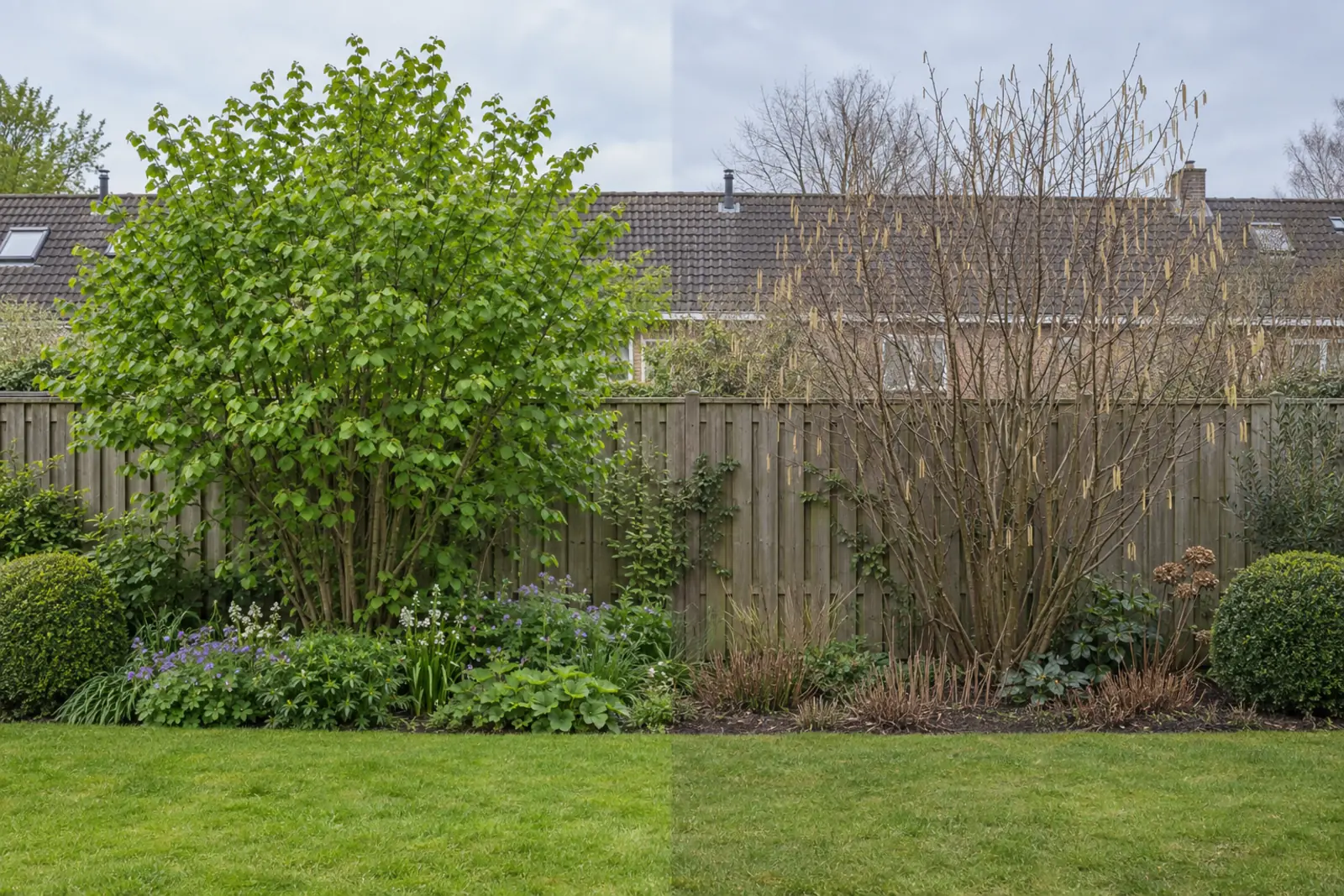 Eén border voor een houten schutting, in twee helften: links eind mei met een hazelaar vol rond groen blad en bloeiende vaste planten, rechts dezelfde border in januari met een kale hazelaar met gele katjes en een buxusbol aan elk uiteinde