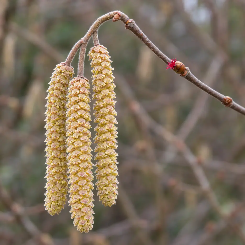 Kale twijg van de hazelaar in februari met drie hangende gele katjes en één knopje met rode draadjes