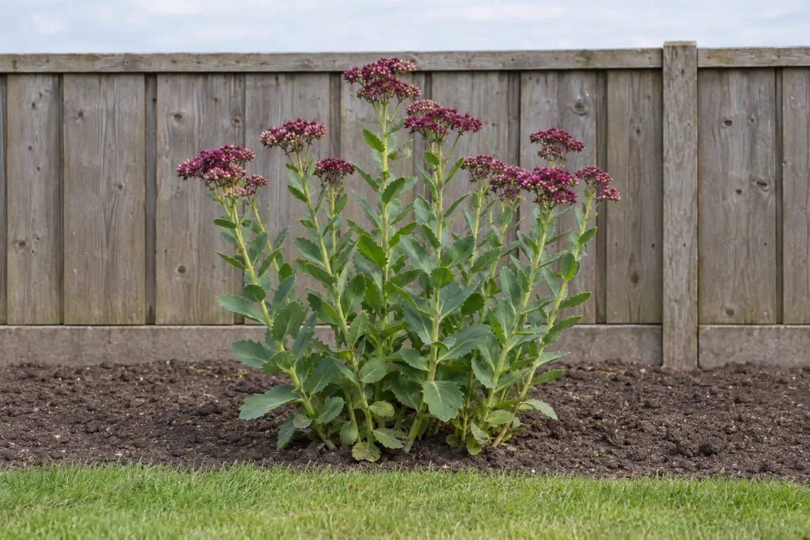 Eén pol hemelsleutel alleen in een bed voor een schutting, in augustus, met dik grijsgroen getand blad en dichte schermen van paarsrode bloemen