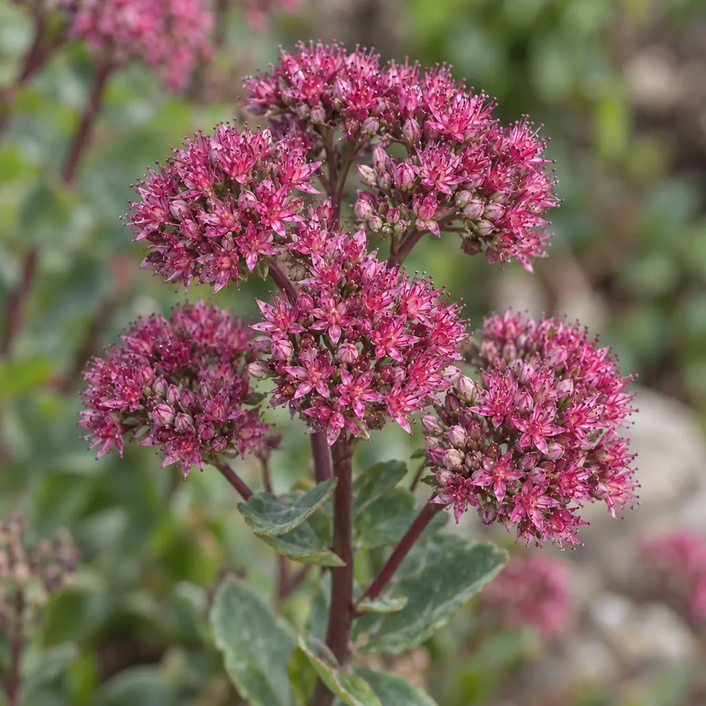 De bloeiende top van een hemelsleutel in augustus, met een paar dichte, bolle schermen van kleine paarsrode sterbloemen en bleke knoppen op roodachtige steeltjes