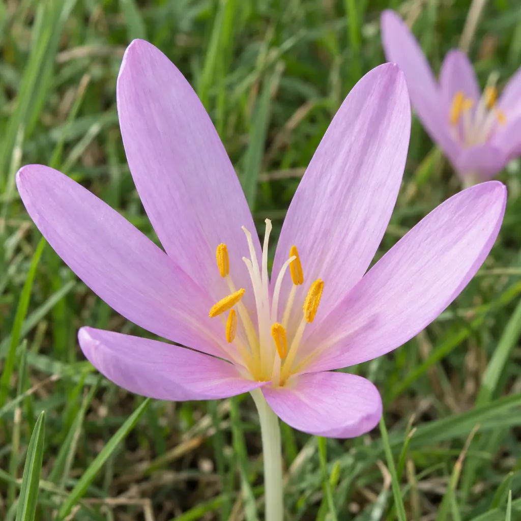 Eén open bloem van herfsttijloos in het gras: zes roze-lila bloemblaadjes rond zes gele meeldraden en drie witte stijlen, zonder blad