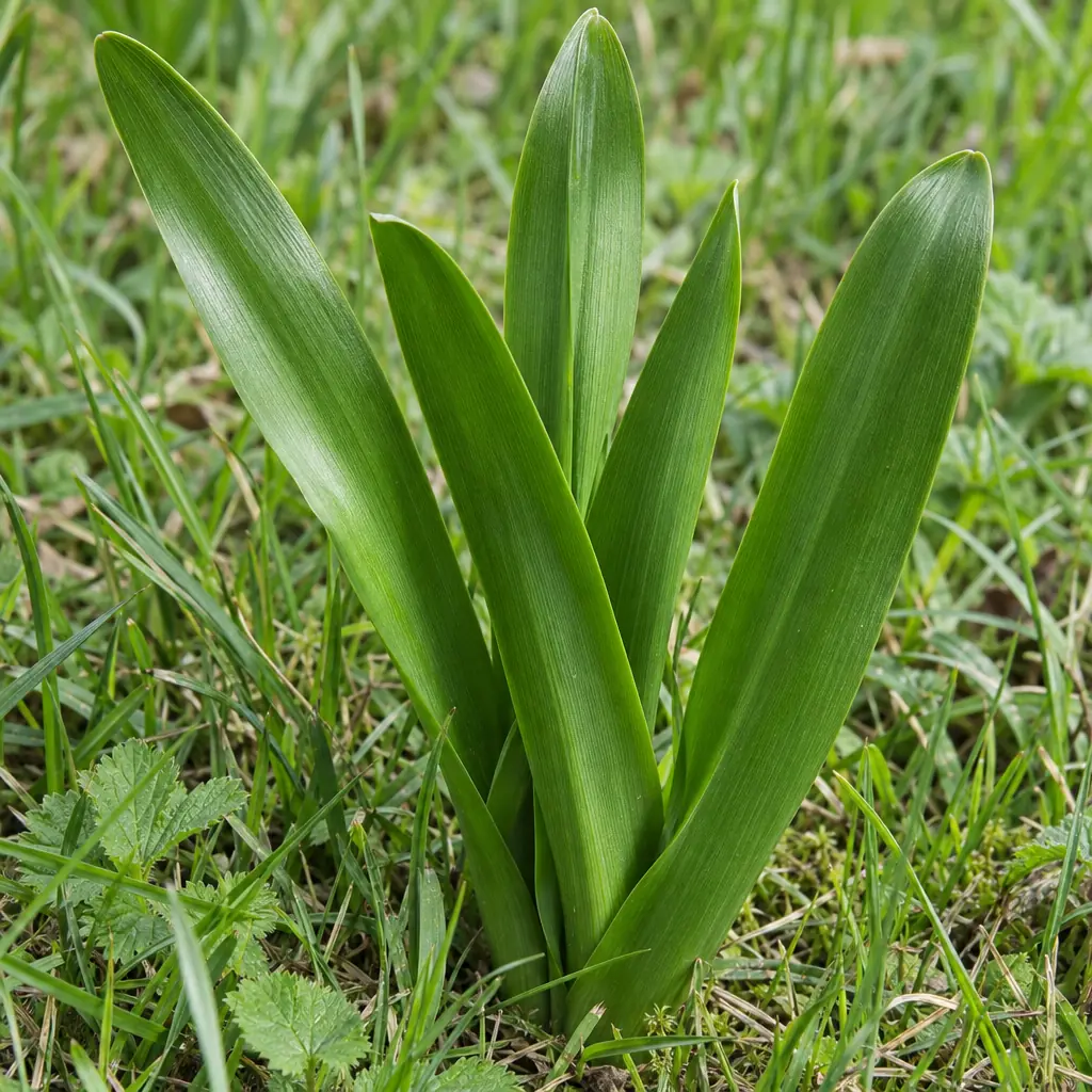 Een pol herfsttijloos in april: brede, vlakke, glanzend groene bladeren die rechtop uit het gras komen en elkaar aan de voet omsluiten