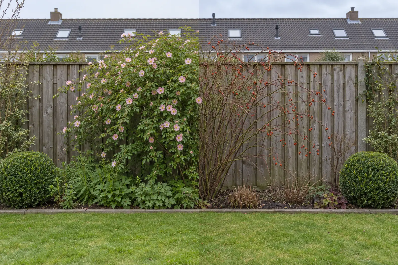 Border voor een houten schutting met één hondsroos in het midden: links in juni vol blad en lichtroze bloemen, rechts dezelfde struik in januari kaal met ovale rode bottels, met een buxusbol aan elk uiteinde