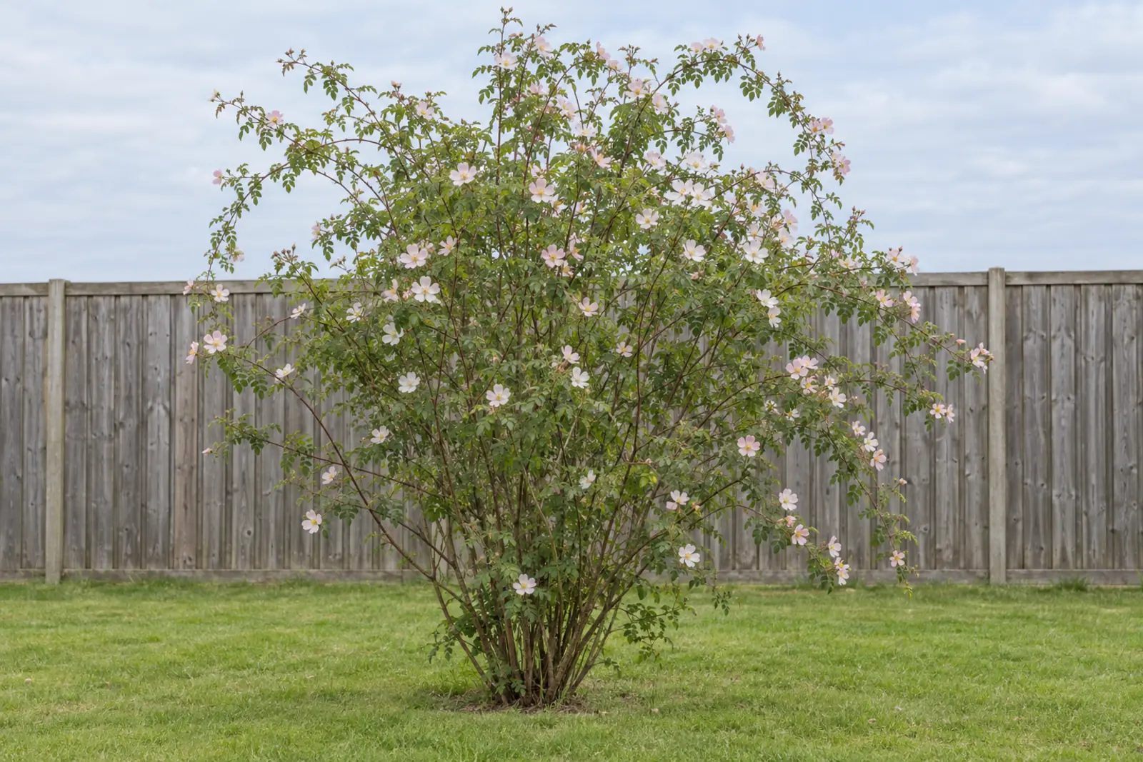 Eén hondsroos als losse struik op een gazon voor een houten schutting, in juni, vol enkele lichtroze bloemen