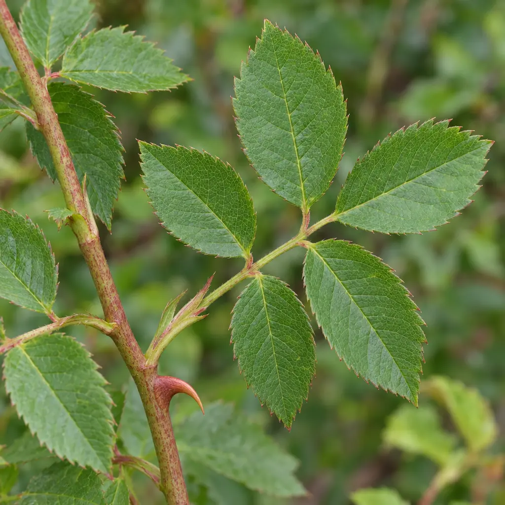 Stengel van de hondsroos met een geveerd blad van vijf gezaagde blaadjes en een haakvormige stekel