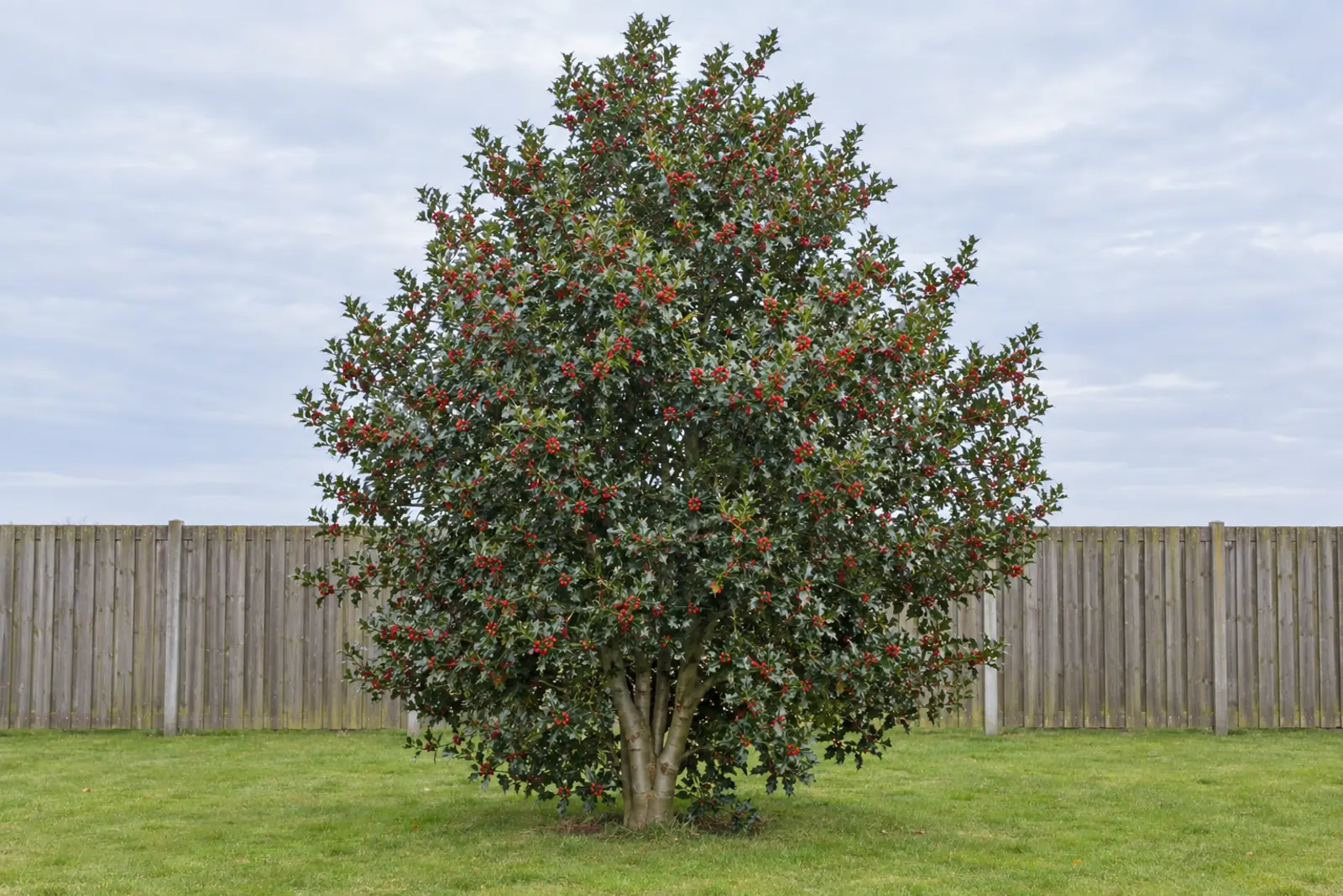 One common holly as a free-standing small tree on a lawn in front of a wooden fence, in November, with glossy spiny dark green leaves and many red berries