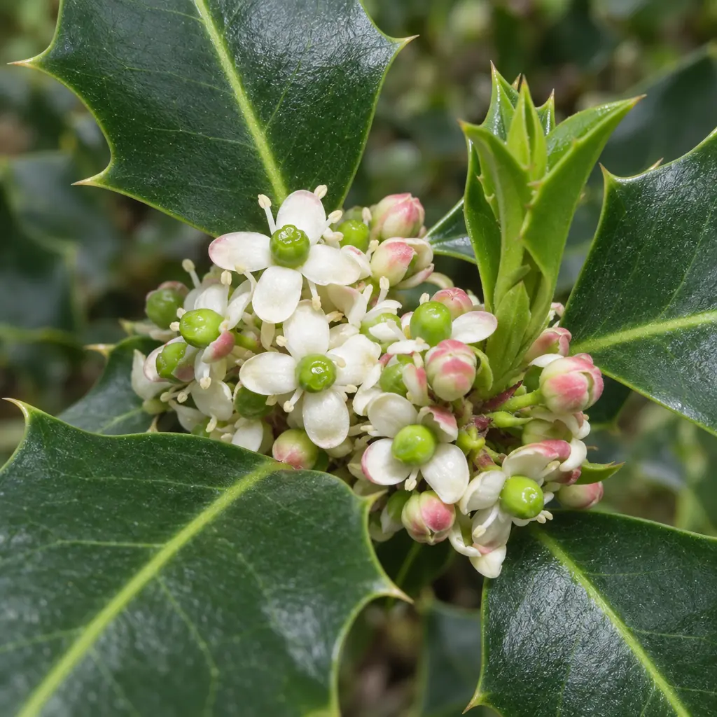 A dense cluster of small white holly flowers with green centres and pink buds, among spiny dark green leaves
