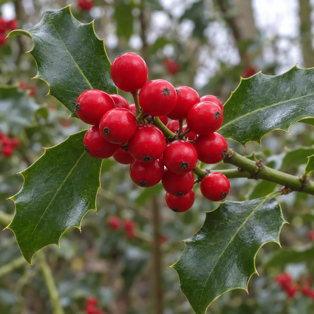 A cluster of glossy red holly berries, each with a dark tip, among spiny dark green leaves