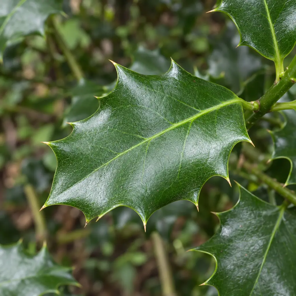 A glossy dark green holly leaf with a wavy edge and sharp spines on its teeth