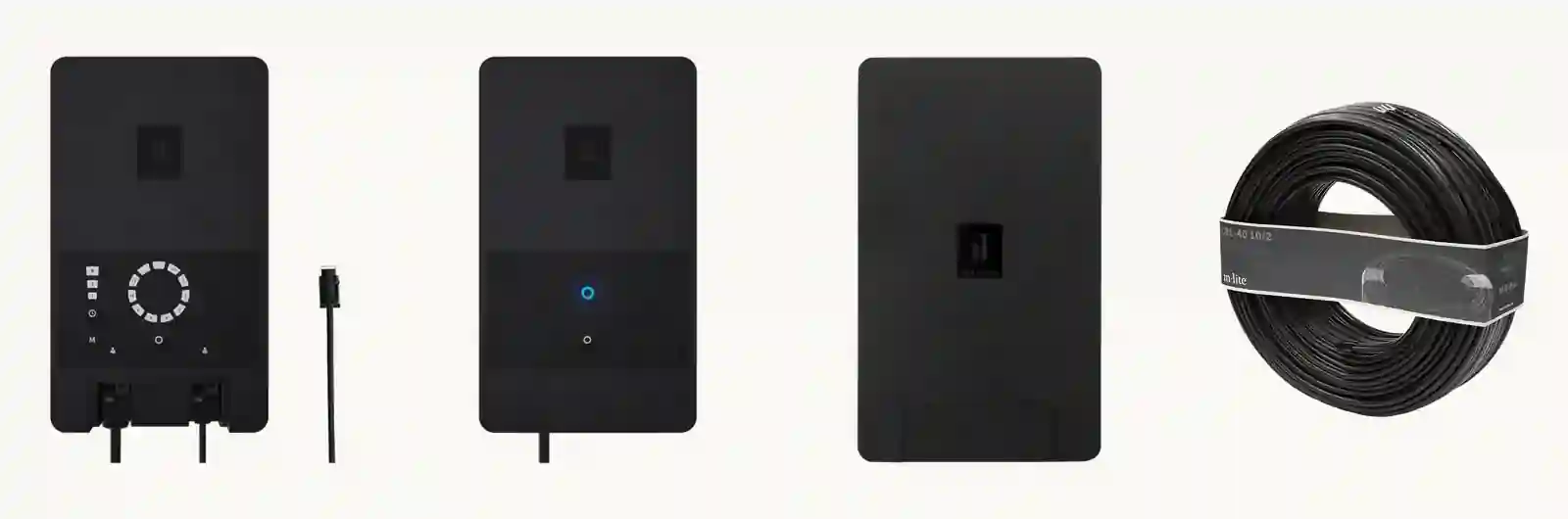 Vier productfoto's van in-lite naast elkaar: de HUB-75 met knoppen en twee kabeluitgangen, de SMART HUB-75 met één statuslampje, de SMART HUB-150 en een rol 10/2-kabel.