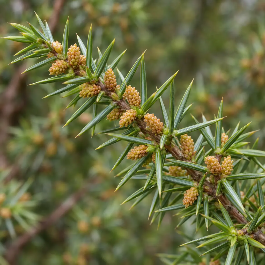 A male common juniper twig in April with small yellow-brown pollen cones between the needles