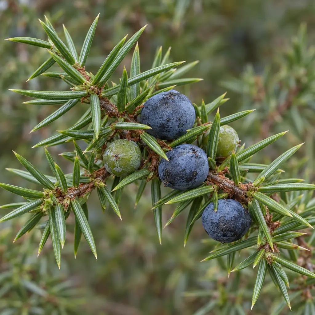Ripe blue-black juniper berries with a grey bloom and two green unripe berries among the needles