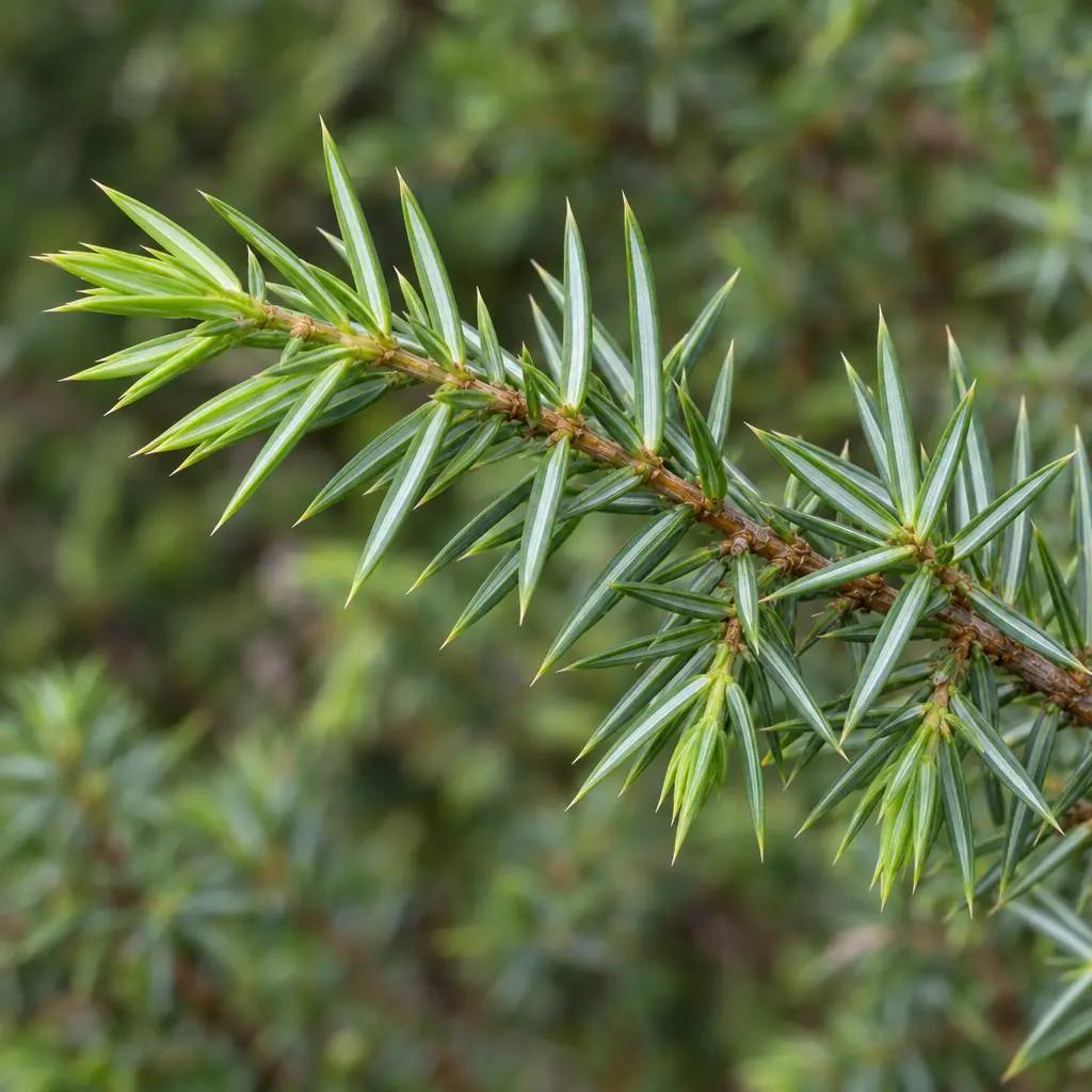 A common juniper twig with short, sharp, grey-green needles in whorls of three