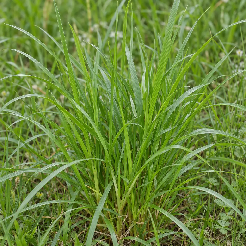 Een jonge pol kamgras in mei met veel smalle, glanzend groene bladeren die uit een lichte voet opschieten, zonder bloeistengels