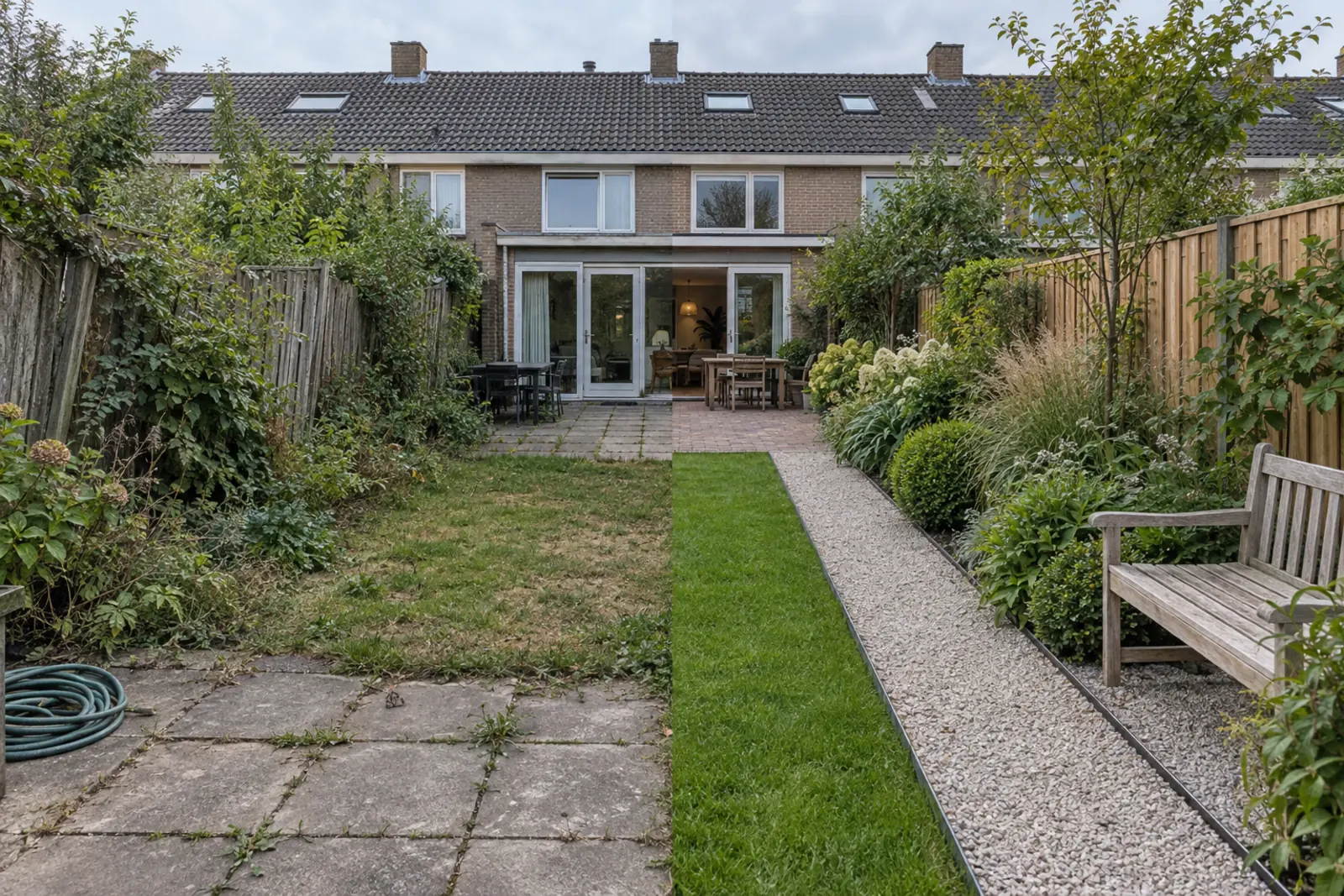 Dezelfde achtertuin twee keer: links verweerde tegels en een gazon zonder rand, rechts een grindpad met een dunne stalen rand langs gazon en border