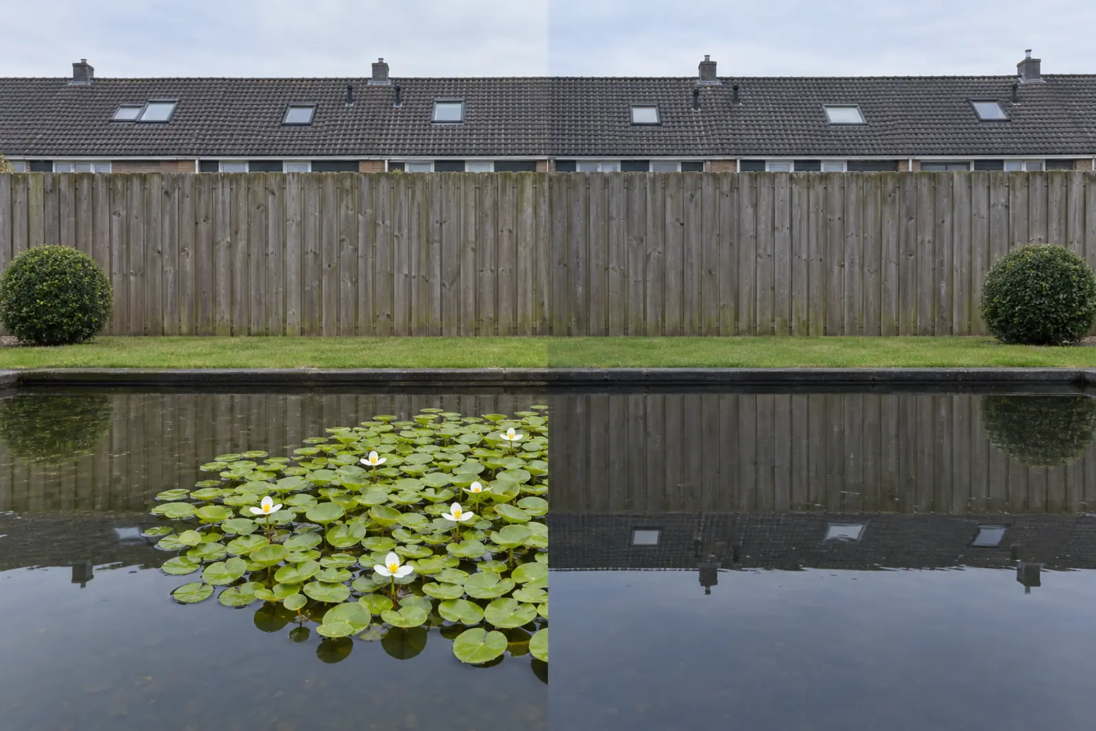 One garden pond in front of a wooden fence, in two halves: on the left in July a floating group of frogbit with white flowers, on the right the same pond in January with only open water, and a box ball at each end