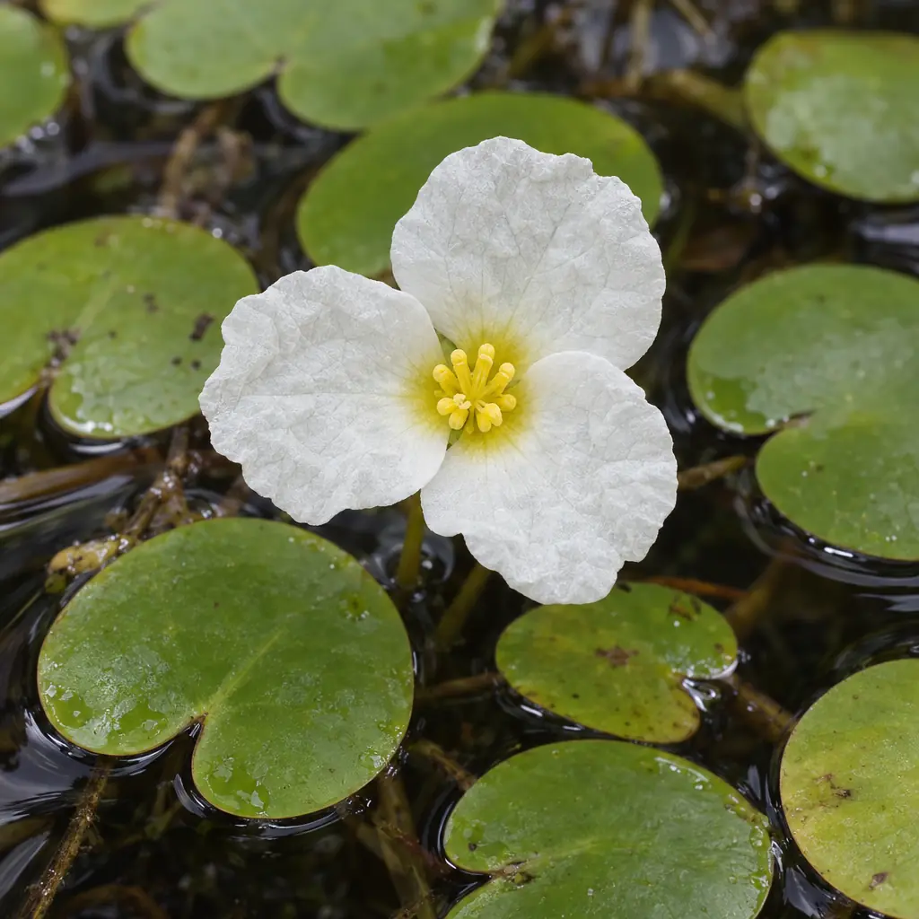 One open frogbit flower just above the water, with three white, slightly crinkled petals, yellow at the base, among the round floating leaves