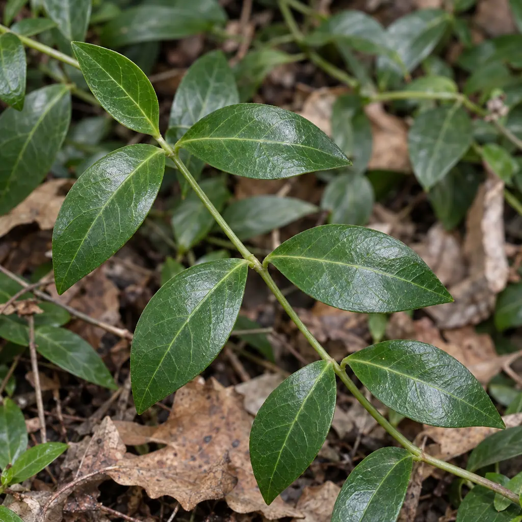 A creeping stem of lesser periwinkle with small, glossy dark green oval leaves in opposite pairs, above old brown leaf litter