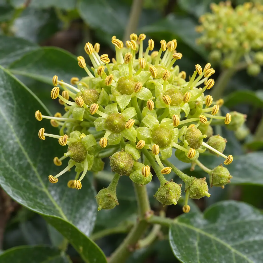 Bol scherm van kleine geelgroene klimopbloemen met uitstekende gele meeldraden en een paar gesloten knoppen, tussen ongelobde glanzende bladeren van een bloeiende tak