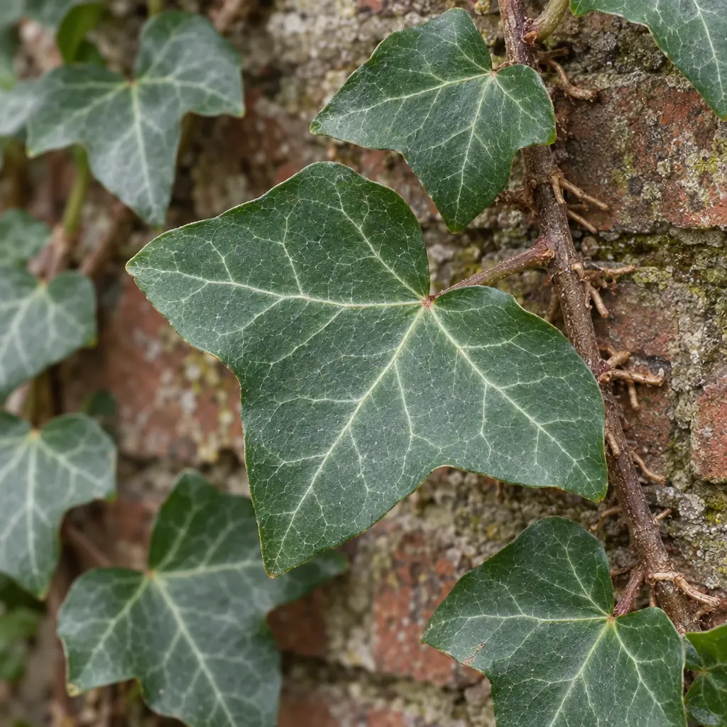 Rank klimop tegen een oude bakstenen muur, met glanzend donkergroen blad, drie tot vijf lobben per blad en lichte nerven