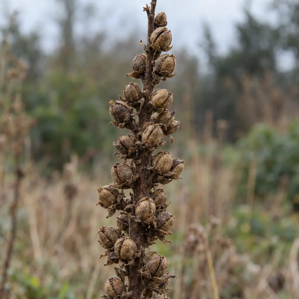 The dead fruiting spike of great mullein in October: small, round, brown capsules packed around a dry stem, split open at the top