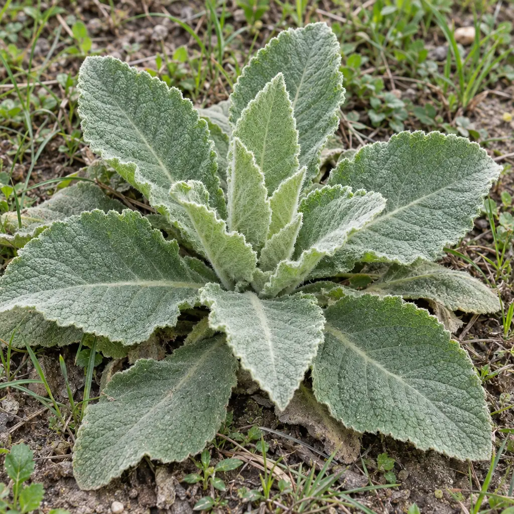 A rosette of great mullein in April: large, oblong, densely woolly grey-green leaves with a weakly scalloped edge, low on sandy ground