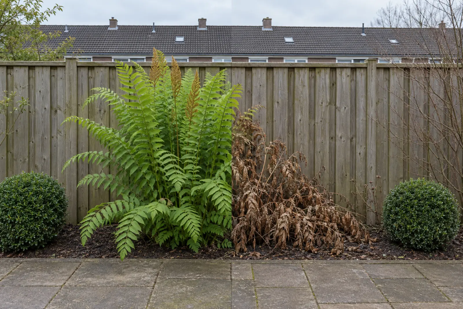 Eén border voor een houten schutting, in twee helften: links in juli een koningsvaren vol lichtgroen blad met roestbruine sporenpluimen, rechts dezelfde varen in januari als lage hoop dood bruin blad, met een buxusbol aan elk uiteinde