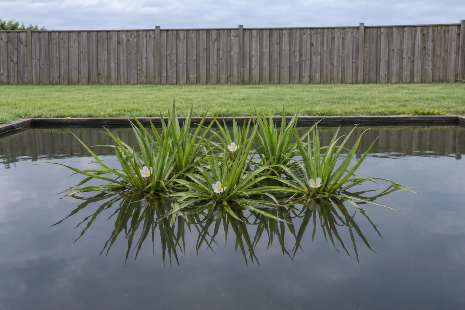 Eén drijvende groep krabbenscheer in een tuinvijver voor een houten schutting, in juni, met smalle getande bladrozetten en een paar kleine witte bloemen