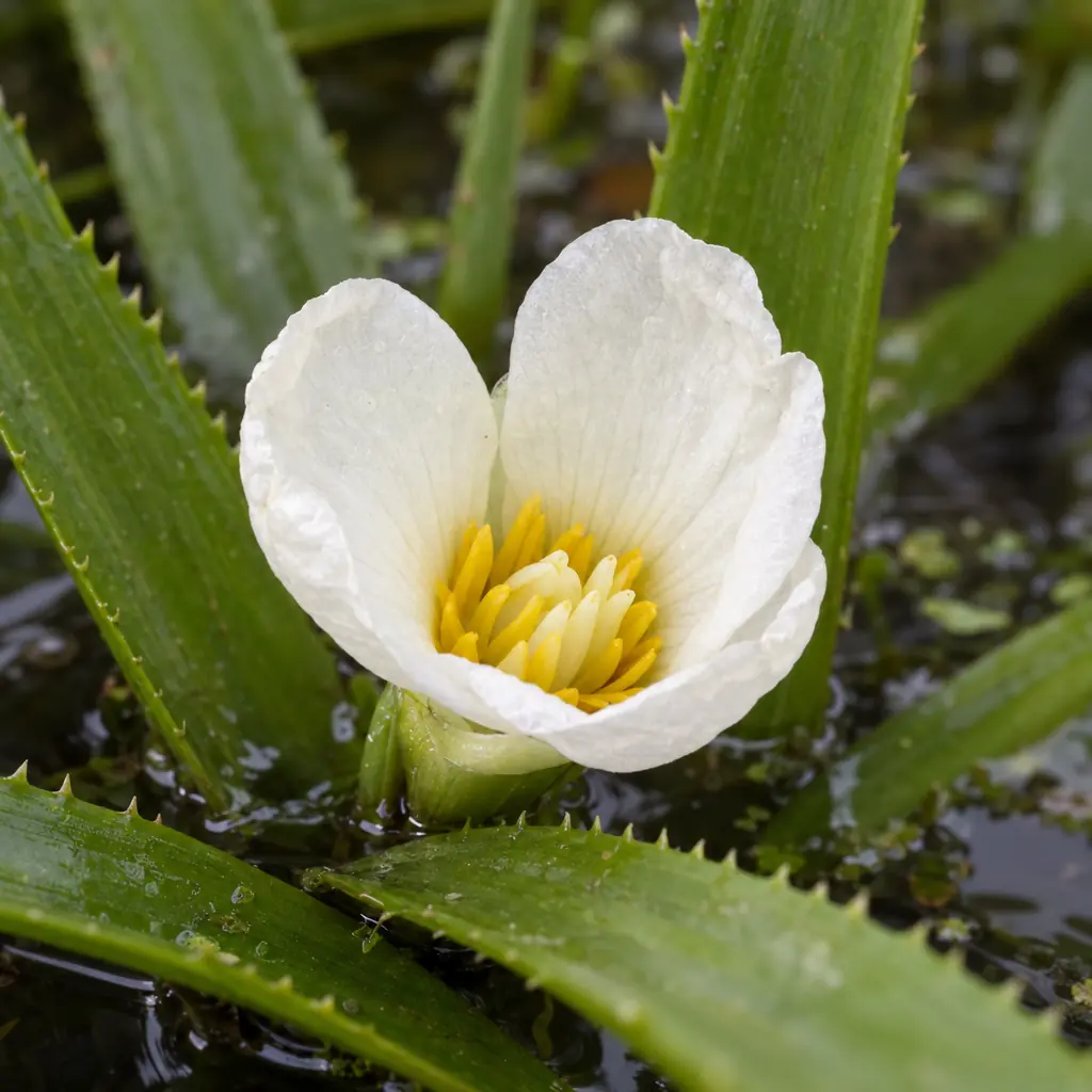 Eén open bloem van krabbenscheer vlak boven het water, met drie brede witte kroonbladen rond gele meeldraden, tussen getande bladeren