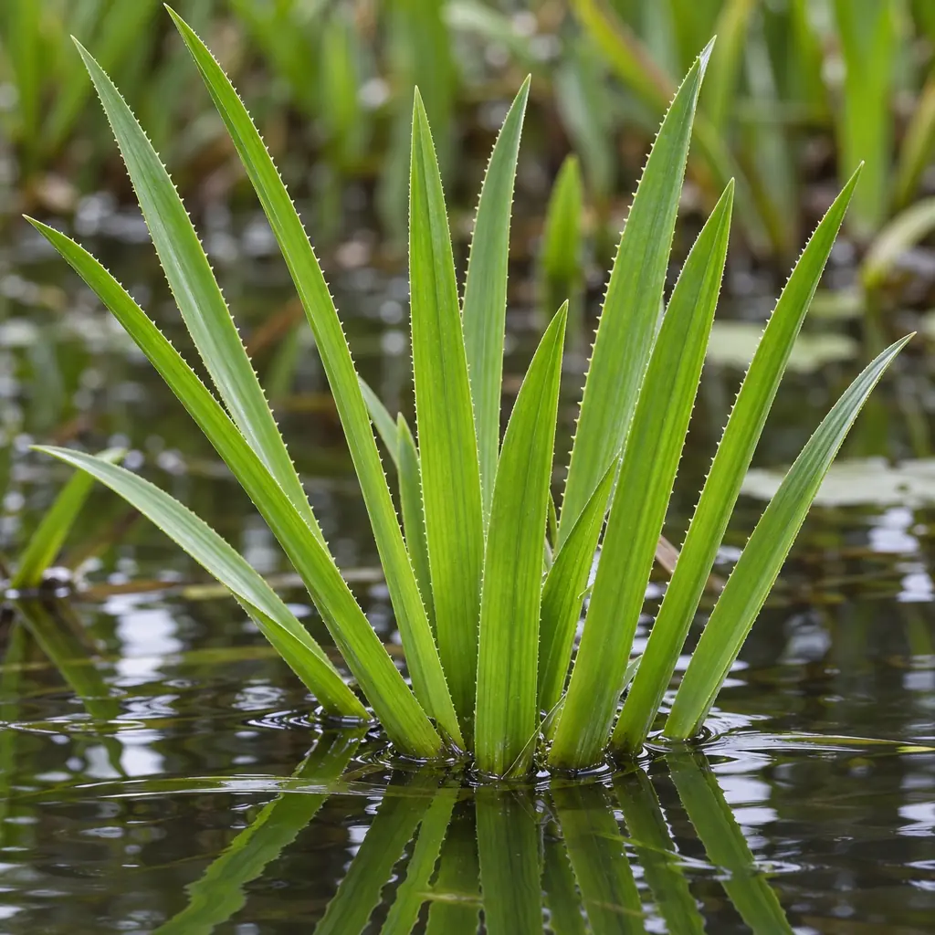 Jonge rozet van krabbenscheer die uit stil vijverwater opsteekt, met smalle, spitse bladeren waarvan de randen fijn getand zijn