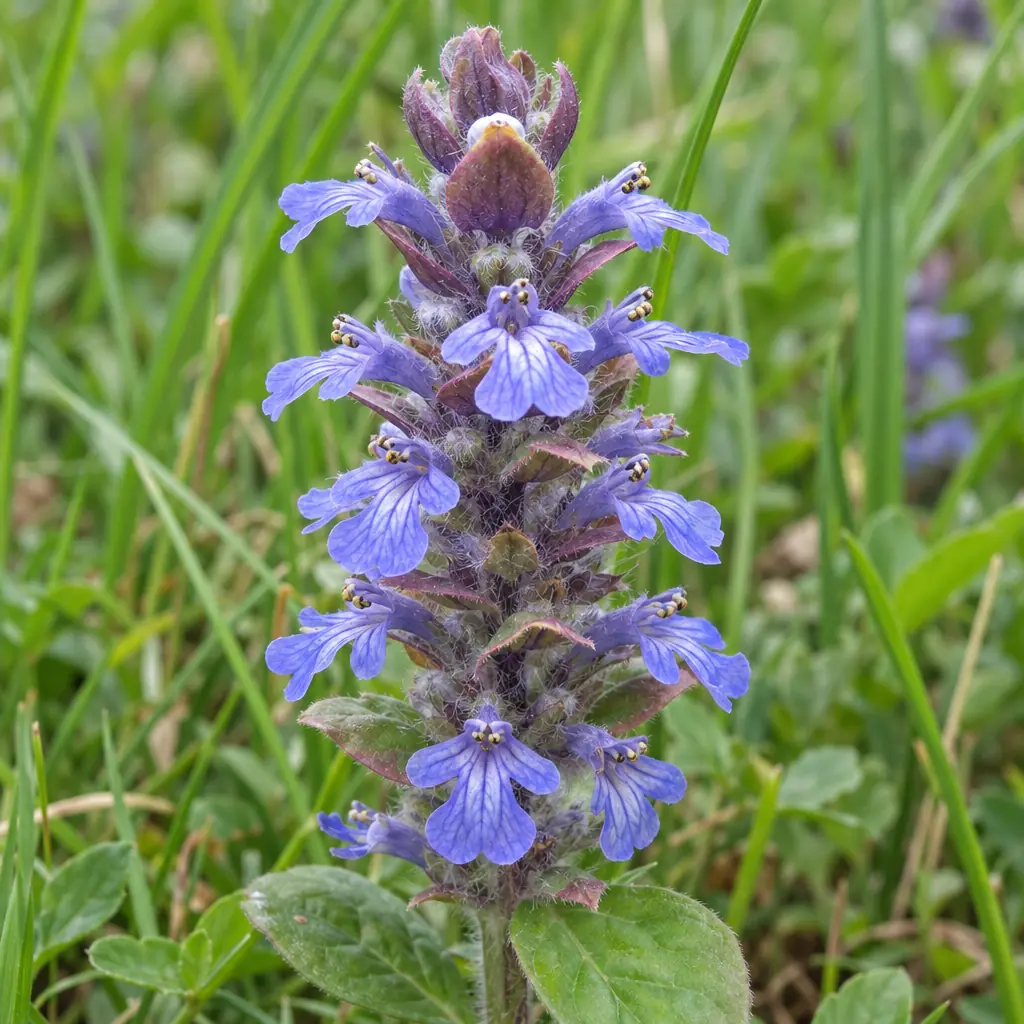 An upright common bugle flower spike with whorls of blue-violet two-lipped flowers and purple-tinged bracts