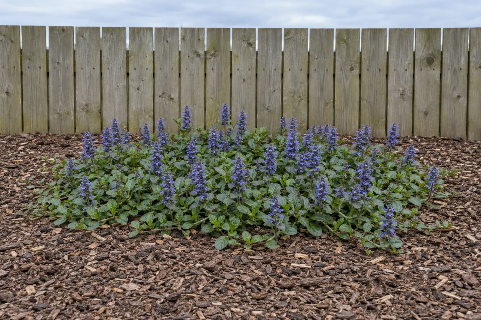 One low mat of wild common bugle in an empty bed of wood chips in front of a wooden fence in early May, with dark green leaves and blue-violet flower spikes