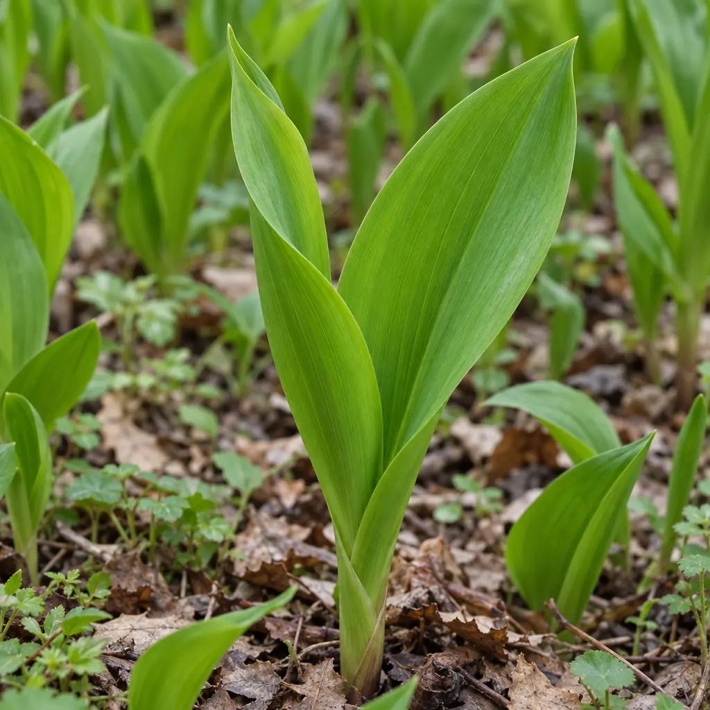 Een jonge scheut van lelietje-van-dalen in april: twee spitse, gladde bladeren die samen als één stengel uit het bladstrooisel omhoog komen