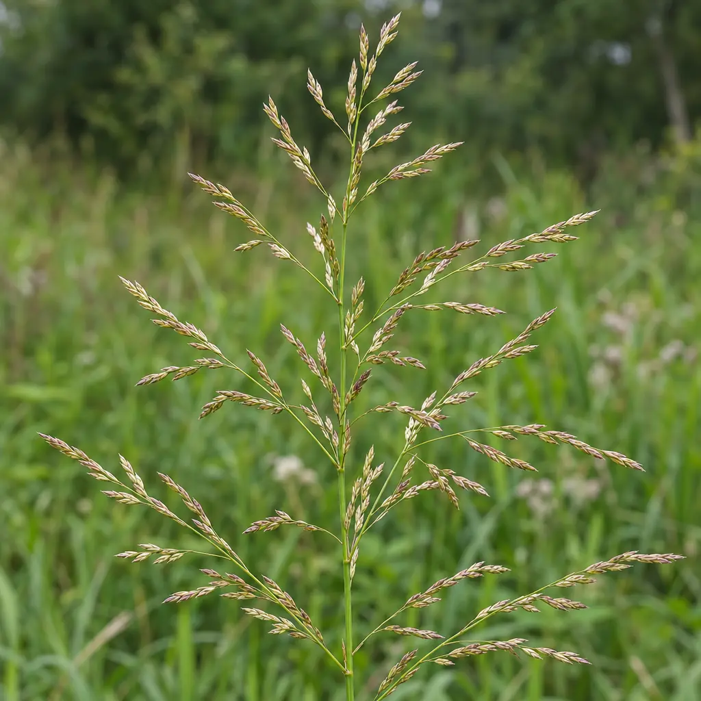 Eén wijd uitgespreide pluim van liesgras eind juli, met dunne zijtakken vol kleine, platte aartjes in goudgroen met een paarse zweem
