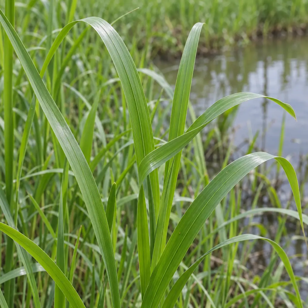 Jonge scheuten van liesgras in juni aan de waterkant, met lange, vlakke, glanzend groene bladeren zonder strepen en zonder pluimen
