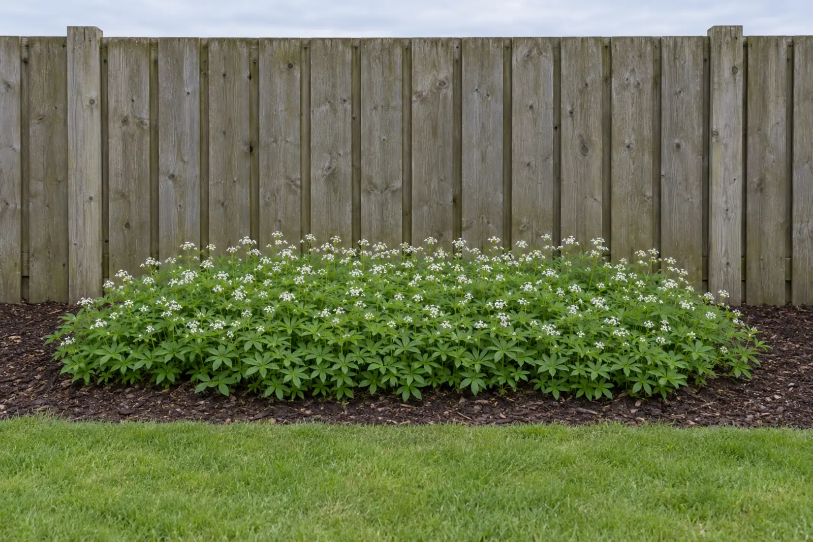Eén lage, vlakke mat lievevrouwebedstro in een leeg bed met houtsnippers voor een houten schutting, half mei, met kransen van heldergroen blad en een waas van kleine witte bloemen
