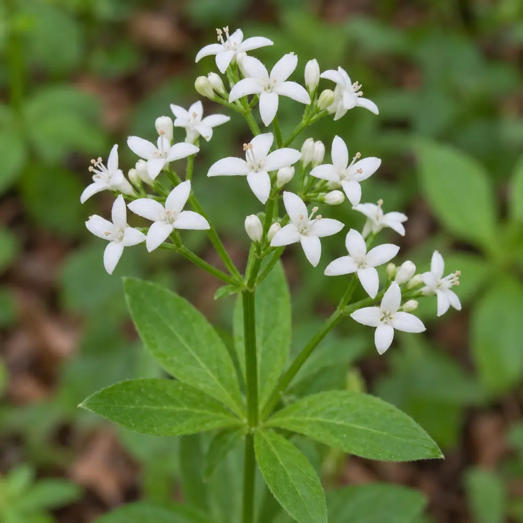 Een los trosje kleine witte bloemen van lievevrouwebedstro, elk bloempje met vier puntige slippen, boven een krans van heldergroene blaadjes