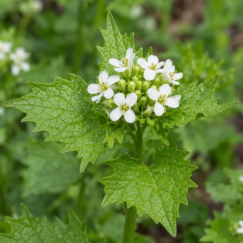 De top van een bloeiende stengel van look-zonder-look: een trosje kleine witte bloemen met vier kroonbladen rond groene knoppen, met getande, hartvormige bladeren eronder
