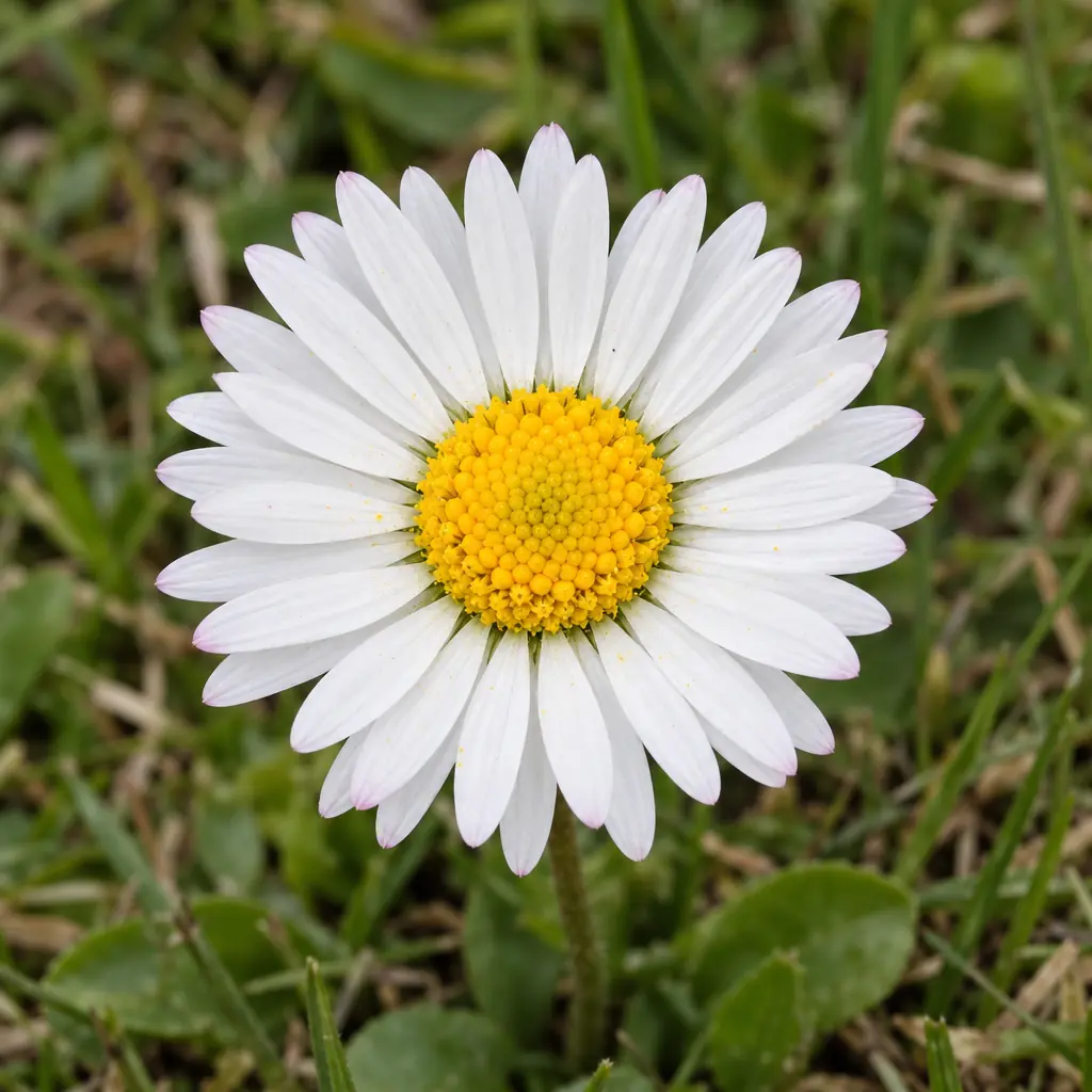 A single common daisy flower head above the grass, with a ring of white ray florets with pink tips around a domed yellow centre
