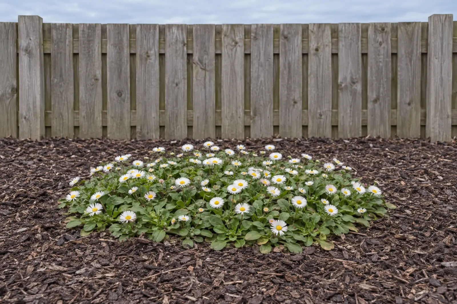 One low mat of wild common daisies in an empty bed of wood chips in front of a wooden fence, with spoon-shaped leaves and small white flower heads with a yellow centre