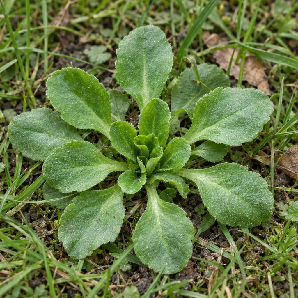 One flat rosette of the common daisy in short grass, with spoon-shaped, finely hairy leaves that narrow to a short stalk