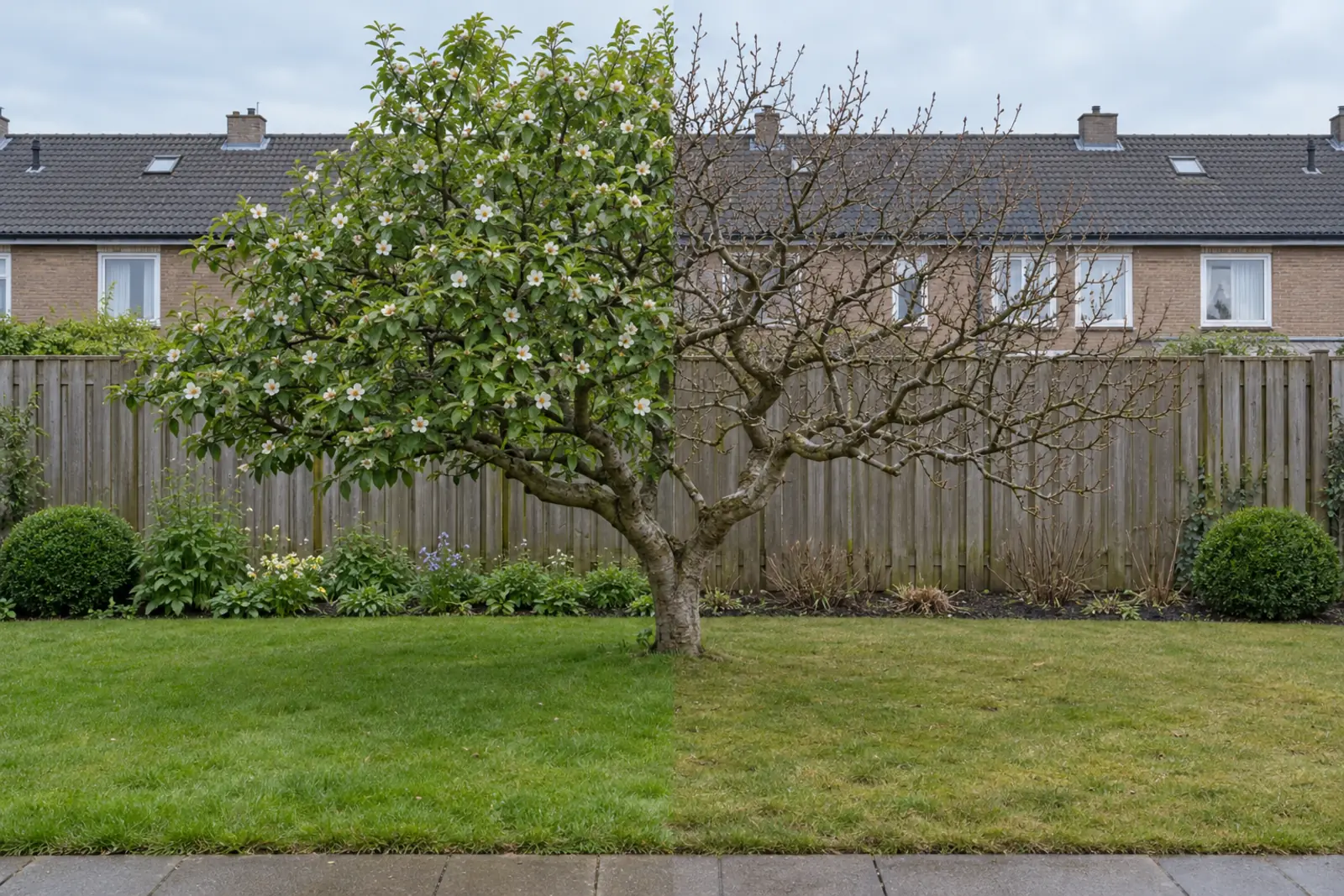 One medlar in the middle of a lawn in front of a wooden fence: on the left in May, in leaf with scattered white flowers; on the right the same tree in January, bare and tangled, with a box ball at each end