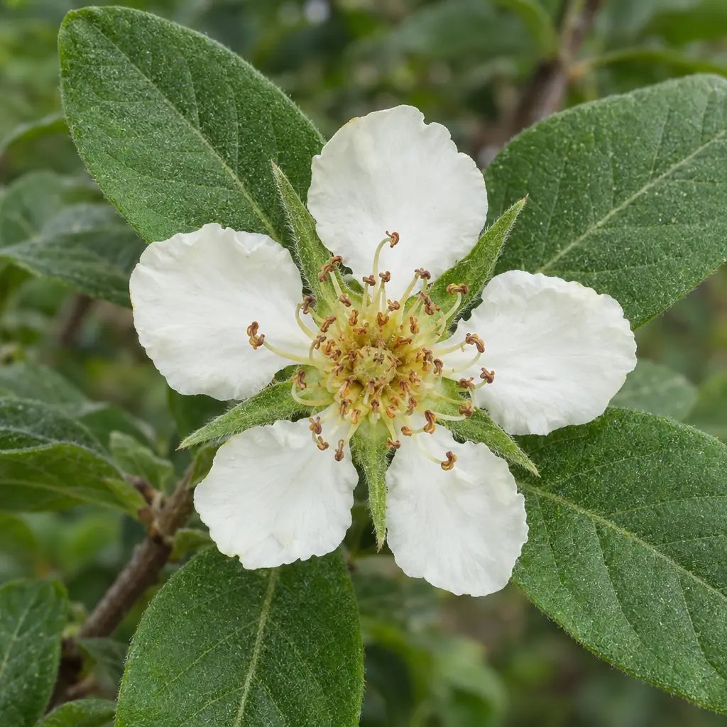 A single medlar flower with five cream-white petals, long narrow sepals and red-brown stamens