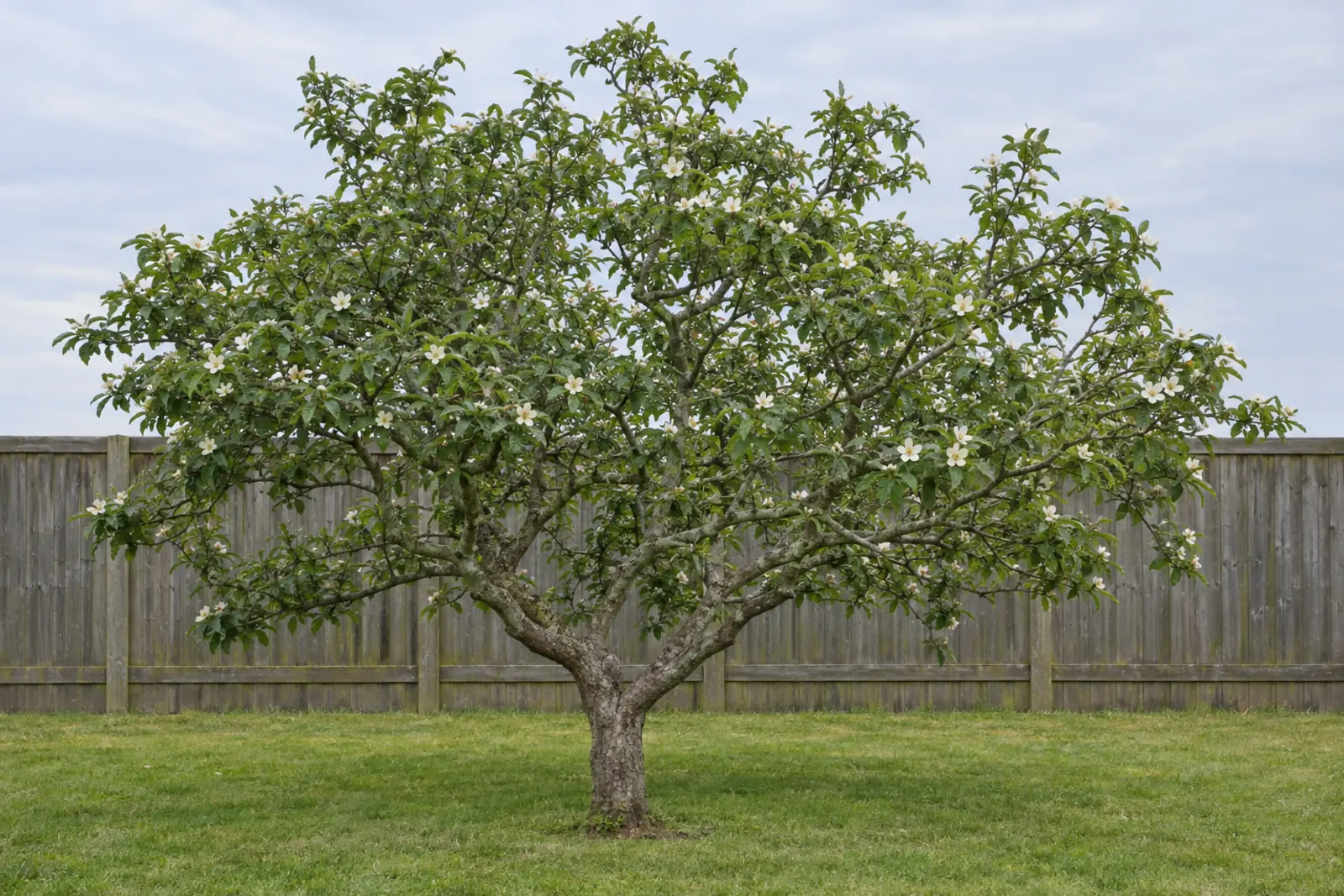One medlar as a single small tree on a lawn in front of a wooden fence, in May, with a broad crown and scattered white flowers