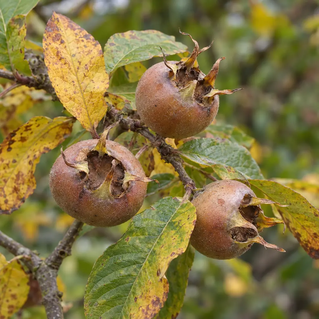 Three round brown medlars in November, each with an open crown of dry sepals, among turning leaves